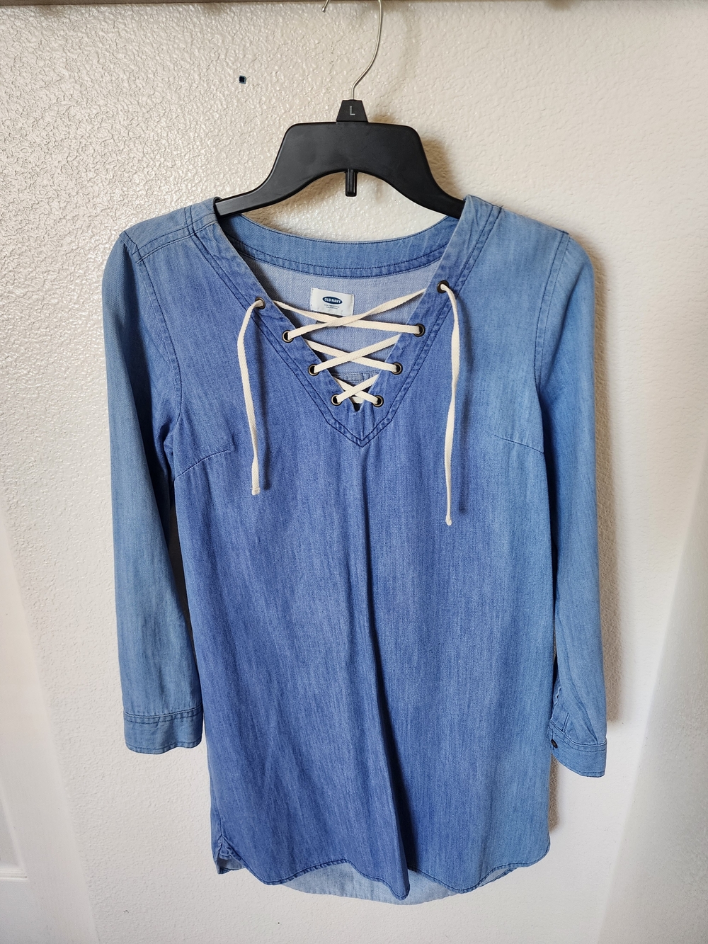 Old Navy Chambray Lace Up Tunic Top XS Petite Blue 3/4 Sleeve
